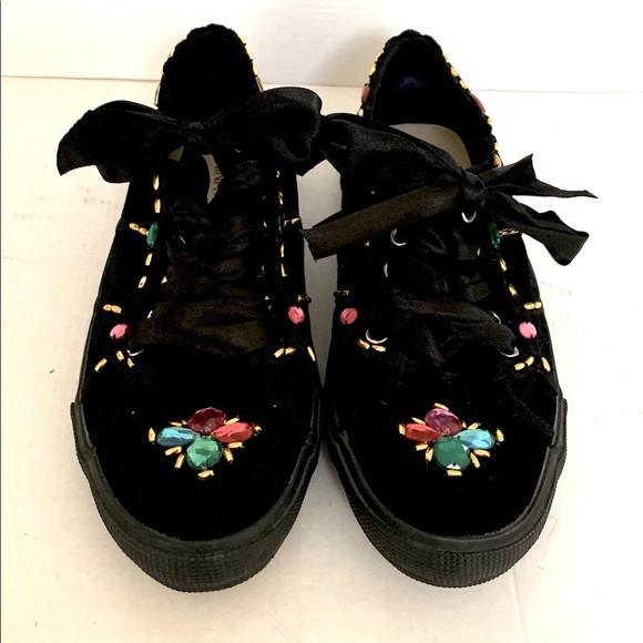 Black linen sneakers with colored acrylic beadings - Picture 3 of 11